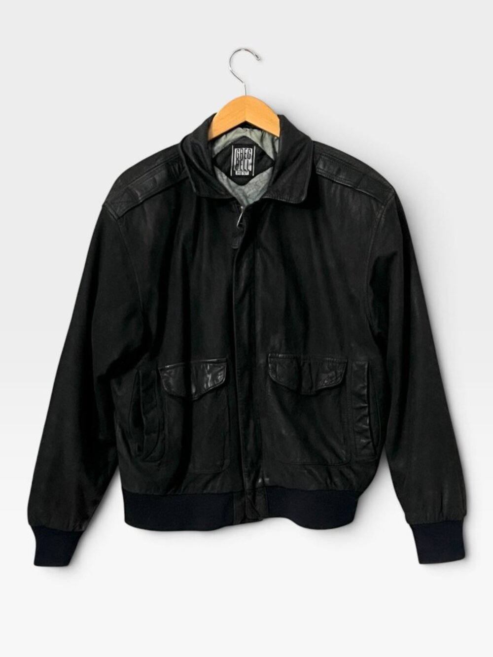 Vintage 90s Greg Bell Leather Bomber Jacket Mens S Black A-2 Flight Map Lining